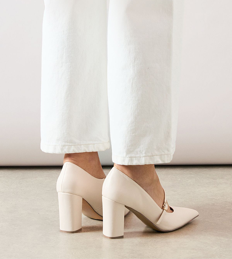 Elodie Faux Leather Asymmetric Strap Block Heel Pumps