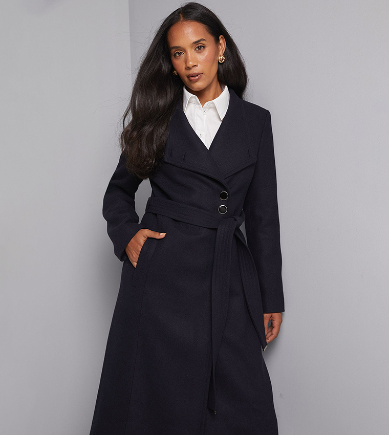 Solid Long Sleeves Belted Maxi Coat