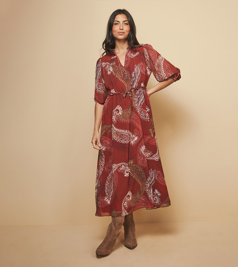 Paisley Printed Shirred Tie Front Midaxi Dress
