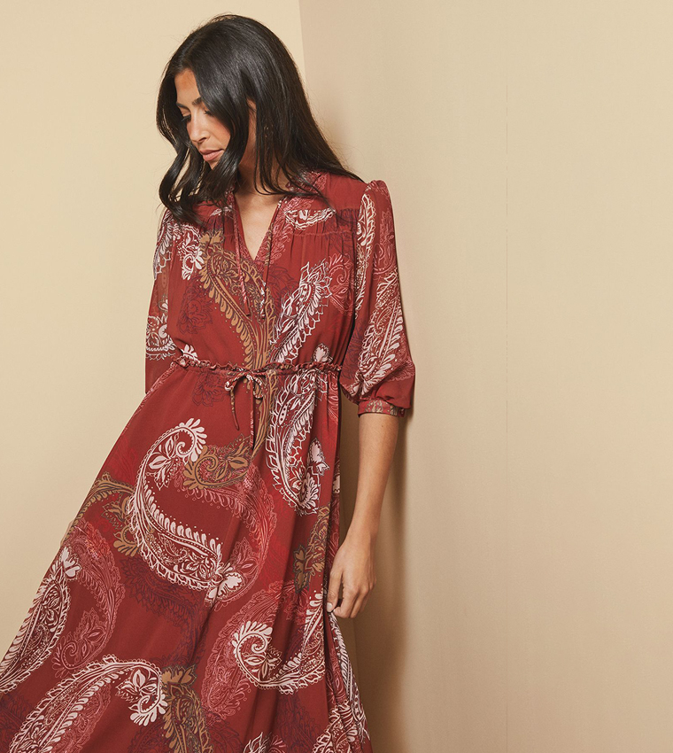 Paisley Printed Shirred Tie Front Midaxi Dress