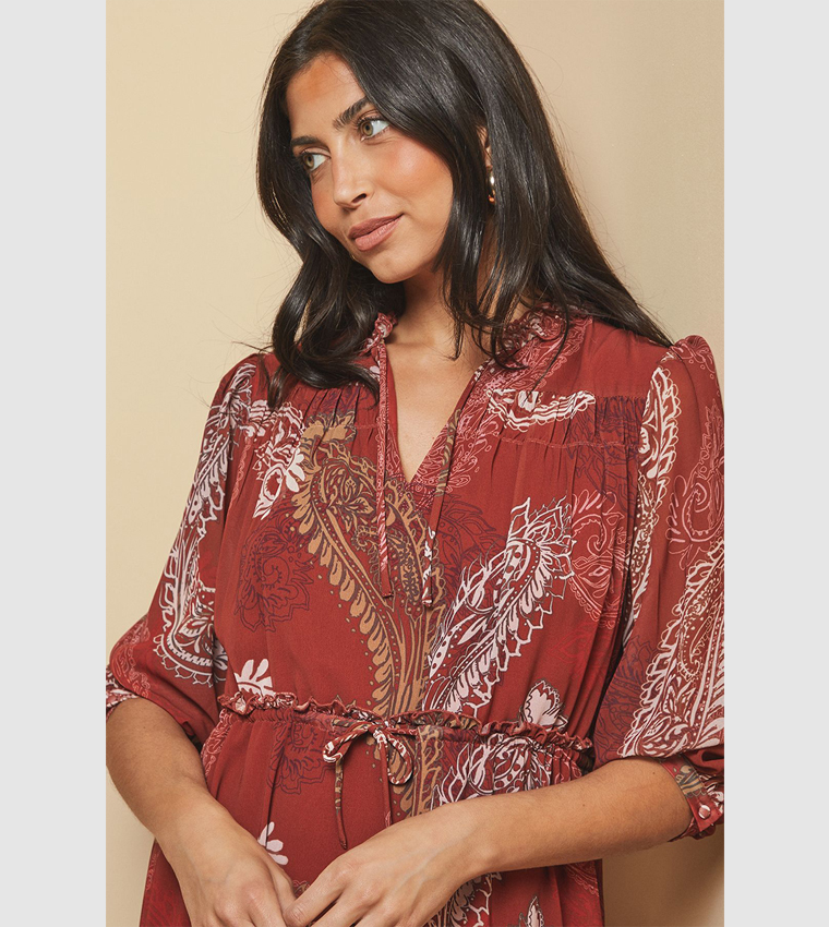 Paisley Printed Shirred Tie Front Midaxi Dress