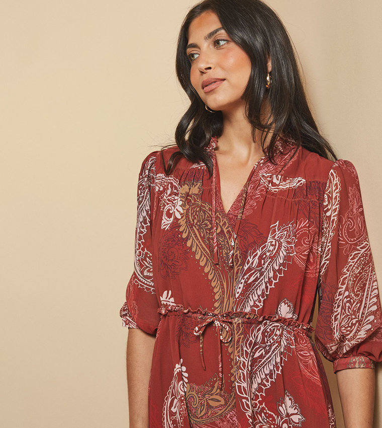 Paisley Printed Shirred Tie Front Midaxi Dress