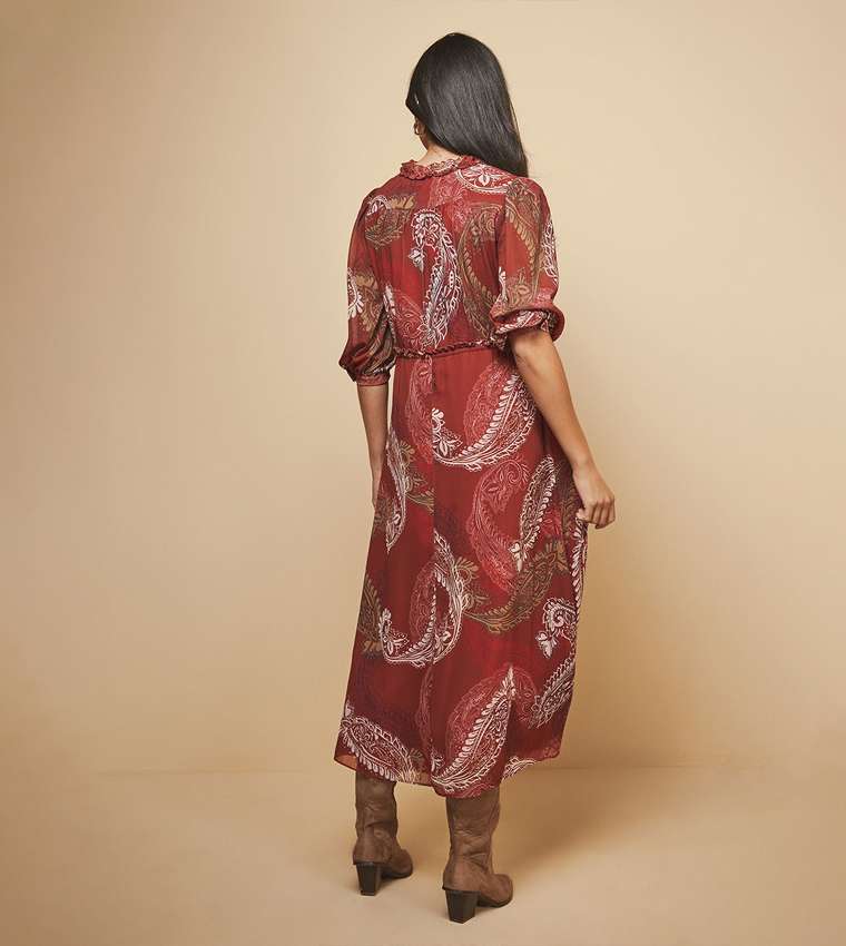 Paisley Printed Shirred Tie Front Midaxi Dress