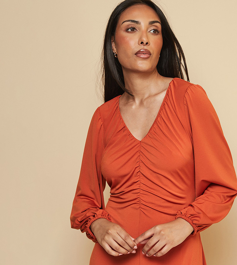 Petite Gathered Front Jersey Midi Dress