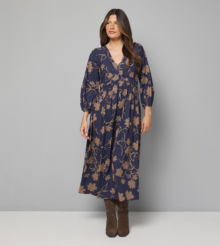 Buy Wallis Floral Printed Lace Insert Midi Dress In Navy