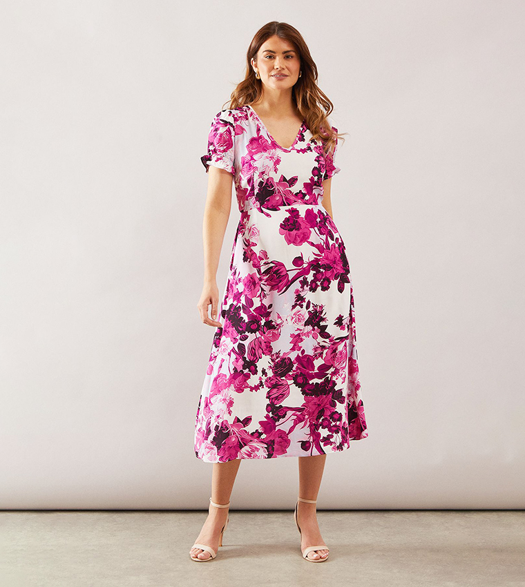 Floral Print Puff Sleeves Midi Dress