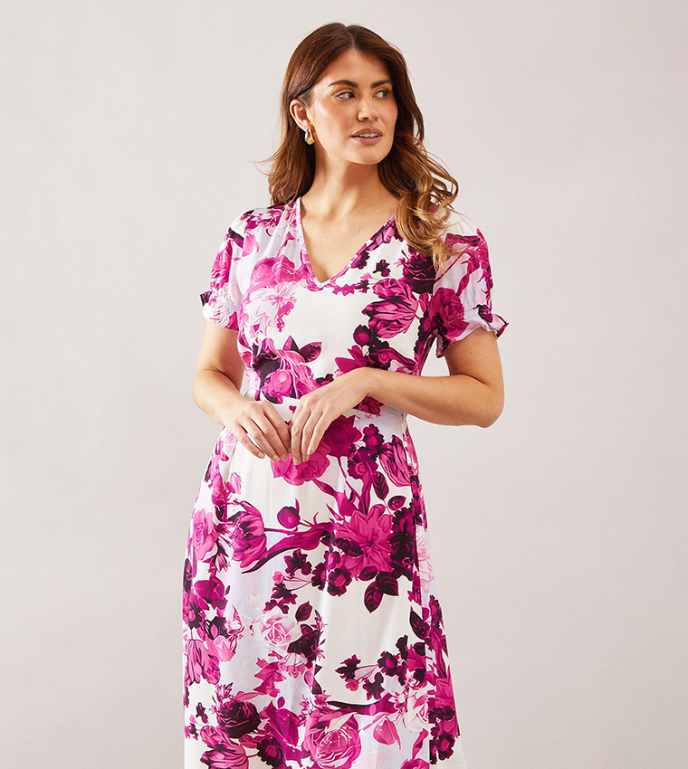 Floral Print Puff Sleeves Midi Dress