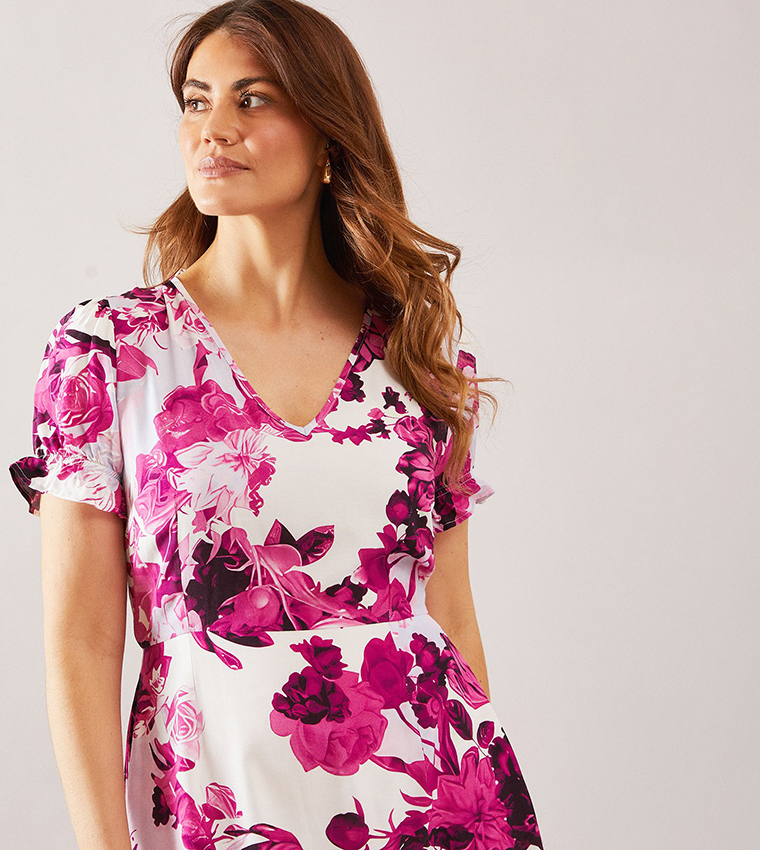 Floral Print Puff Sleeves Midi Dress