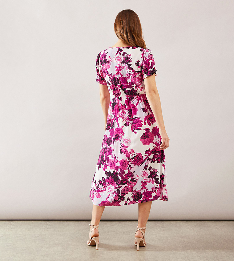Floral Print Puff Sleeves Midi Dress