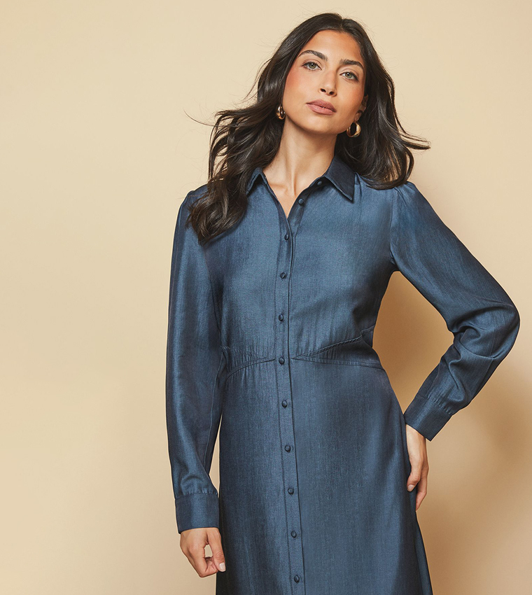 Solid Denim Look Maxi Shirt Dress