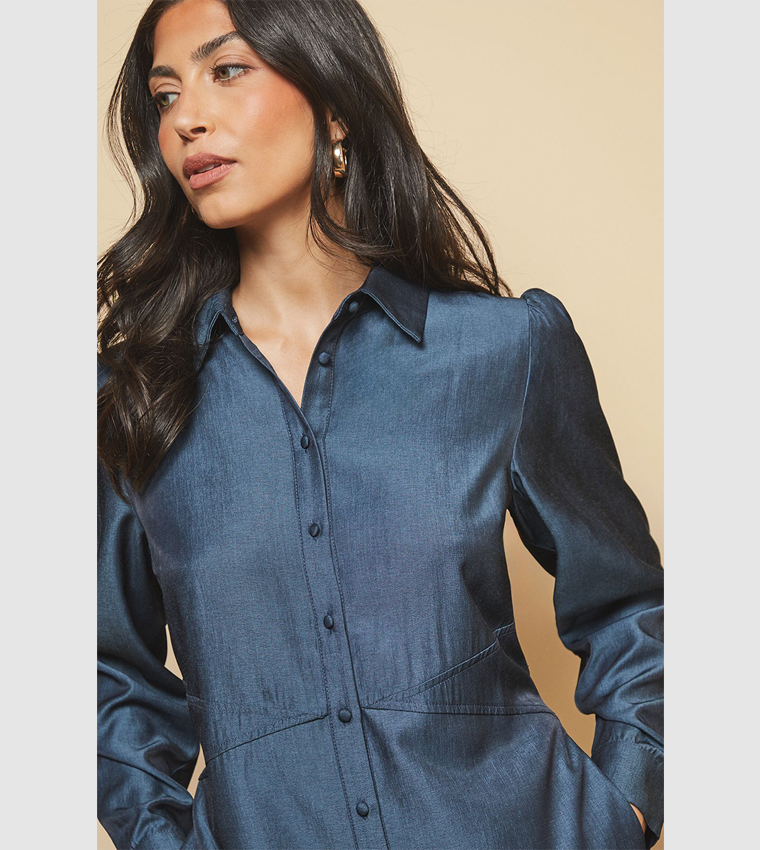 Solid Denim Look Maxi Shirt Dress