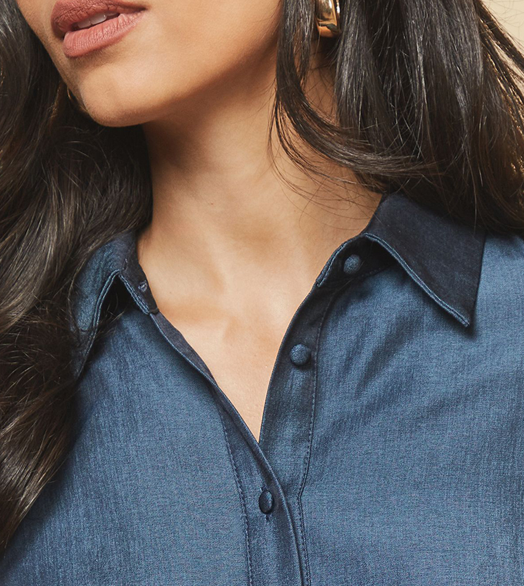 Solid Denim Look Maxi Shirt Dress