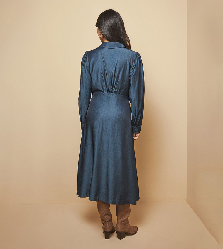 Solid Denim Look Maxi Shirt Dress