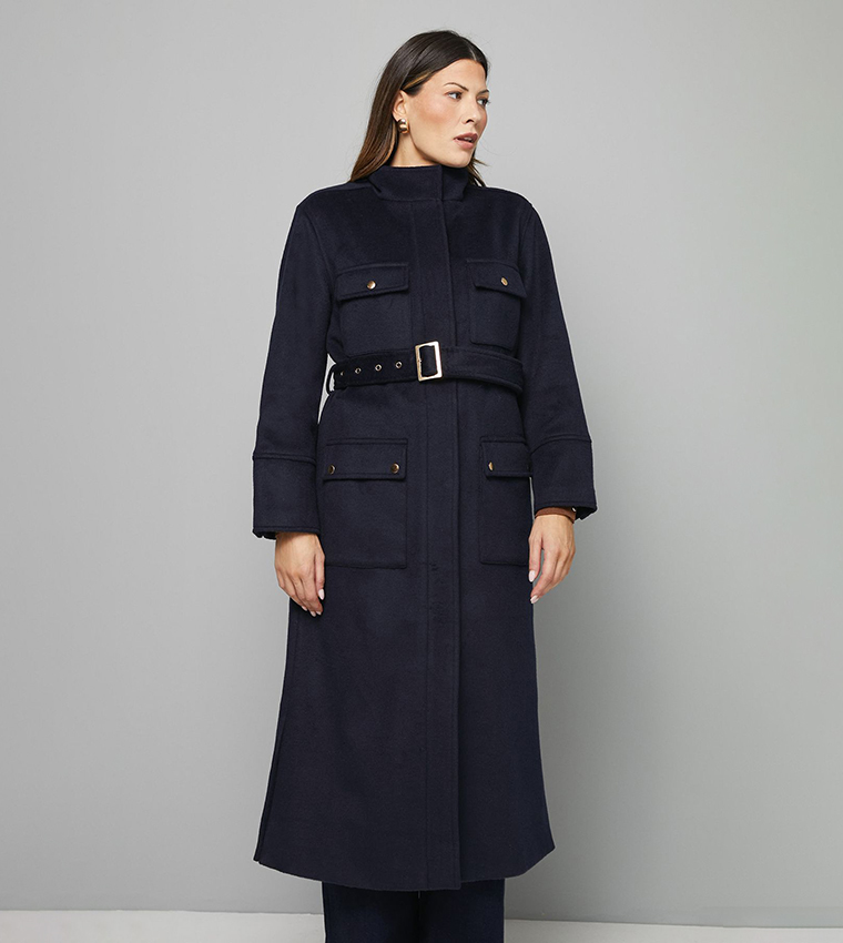 Button Down Military Belted Collar Coat
