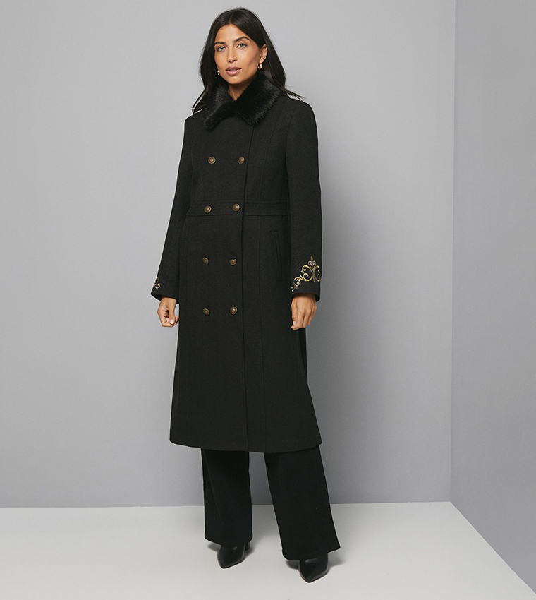 Embroidered Faux Fur Collar Cuff Military Coat