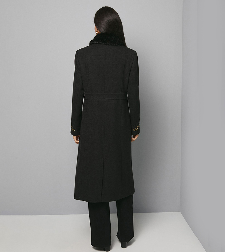 Embroidered Faux Fur Collar Cuff Military Coat