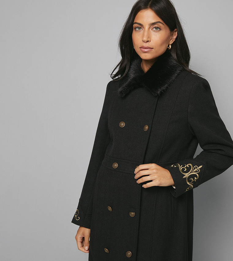 Embroidered Faux Fur Collar Cuff Military Coat