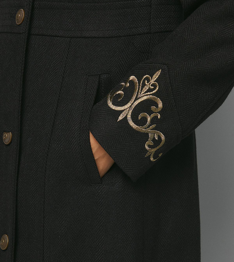 Embroidered Faux Fur Collar Cuff Military Coat