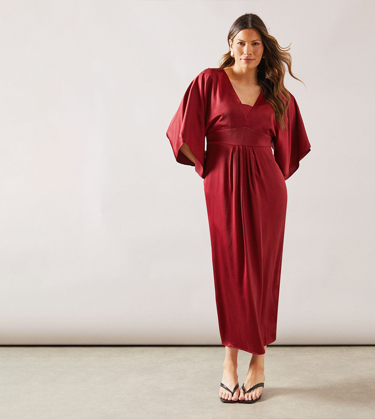 Satin Cape Sleeves Midi Dress