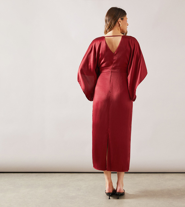 Satin Cape Sleeves Midi Dress