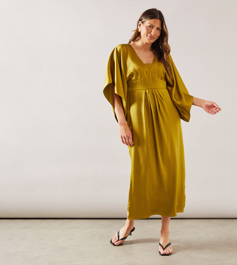 Satin Cape Sleeves Midi Dress
