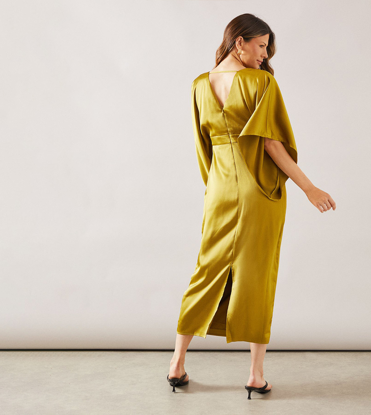 Satin Cape Sleeves Midi Dress