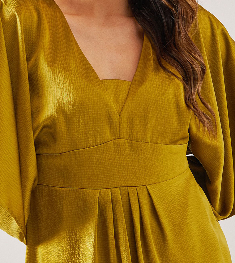 Satin Cape Sleeves Midi Dress