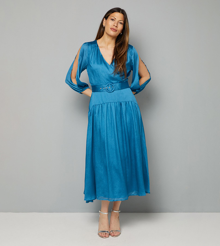 Woven Shimmer Belted Wrap Midi Dress