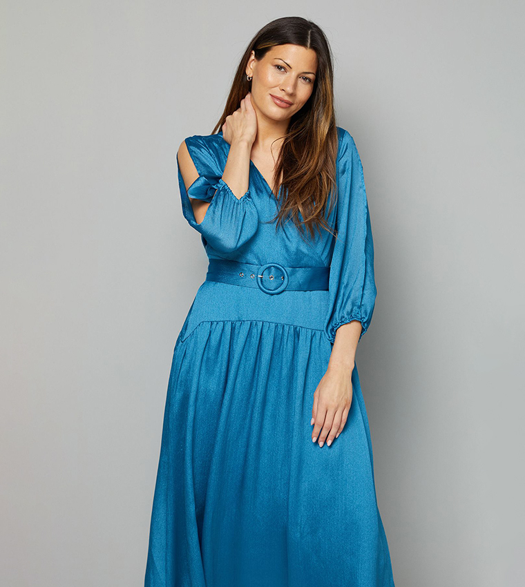 Woven Shimmer Belted Wrap Midi Dress