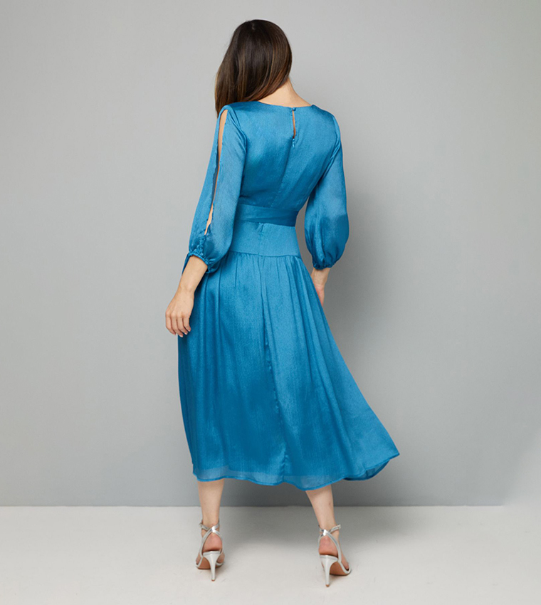 Woven Shimmer Belted Wrap Midi Dress