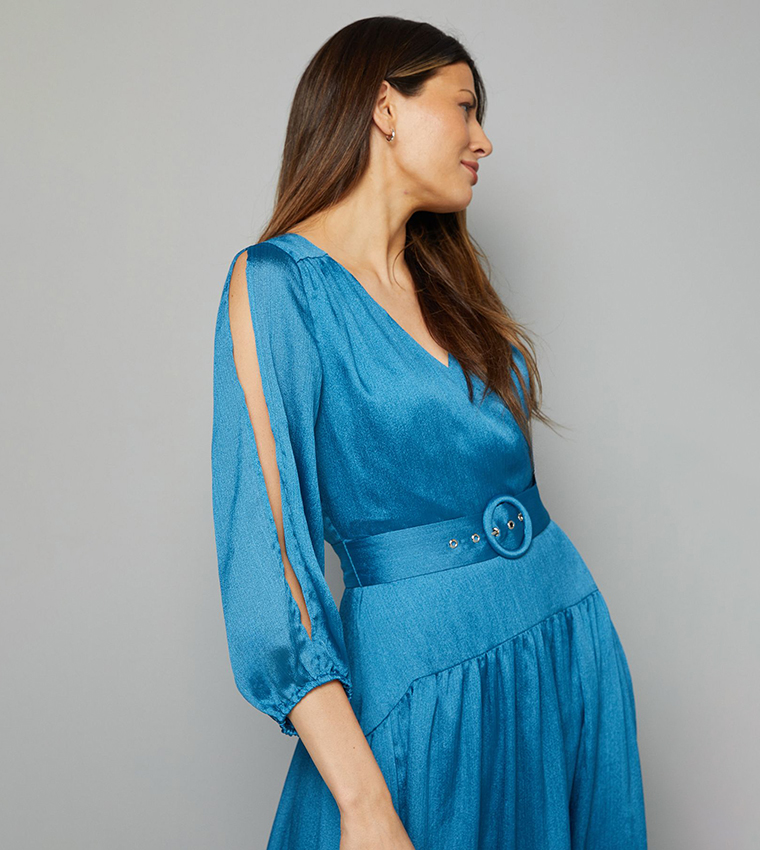 Woven Shimmer Belted Wrap Midi Dress