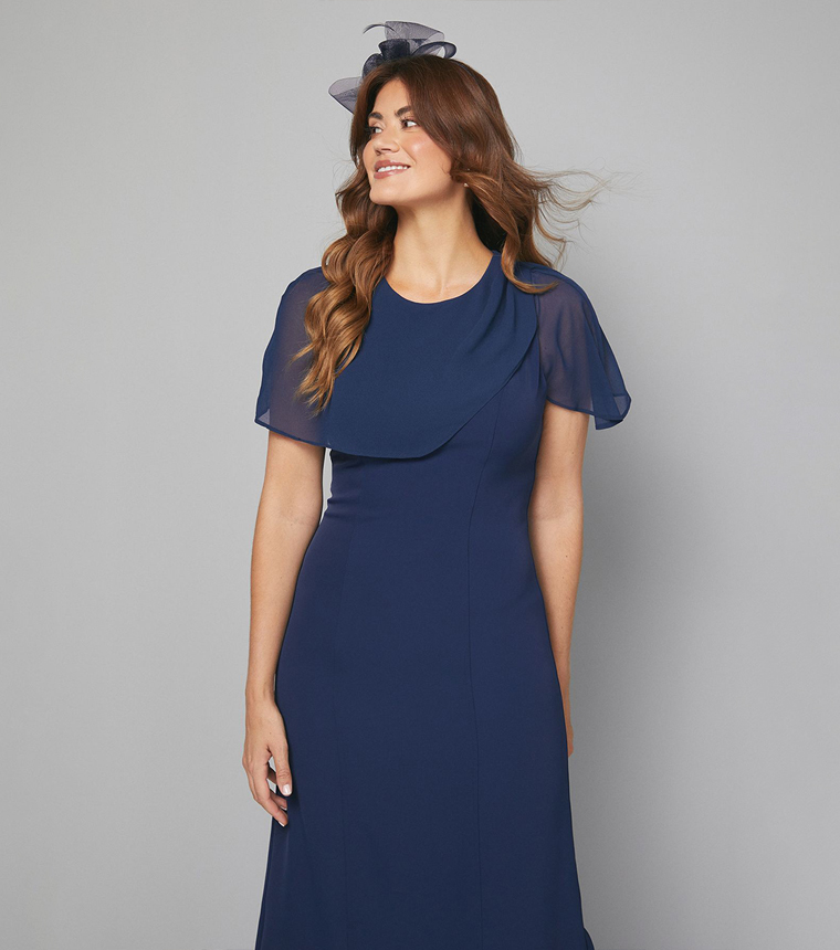 Chiffon Cape Detail Column Midi Dress