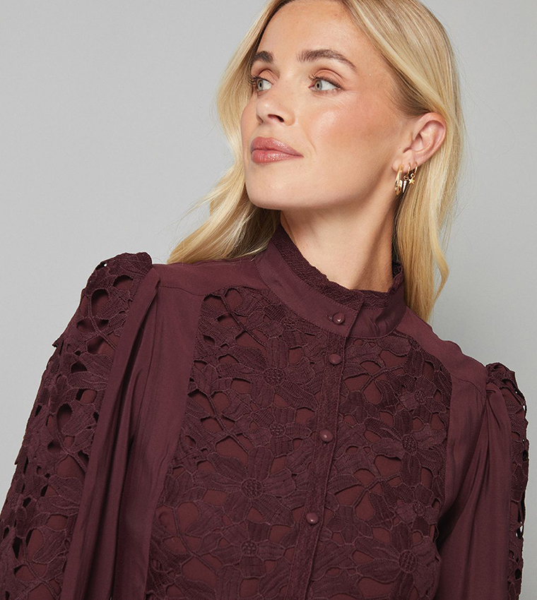 Petite Premium Lace High Neck Shirt Dress