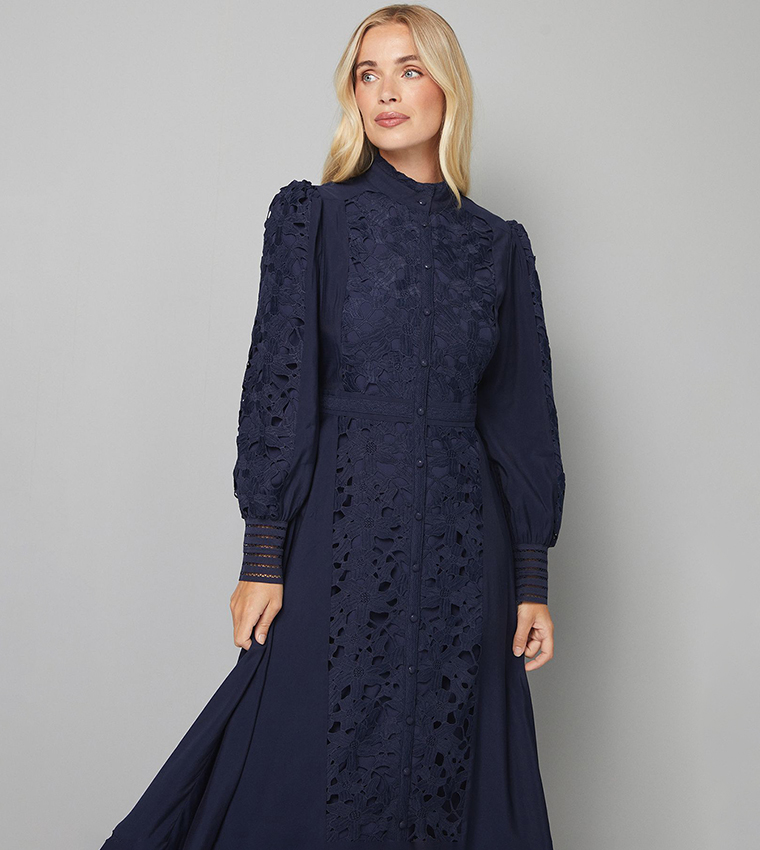 Petite Premium Lace High Neck Shirt Dress