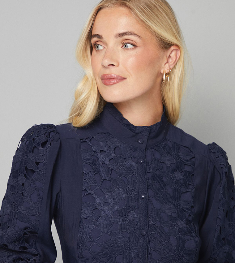 Petite Premium Lace High Neck Shirt Dress