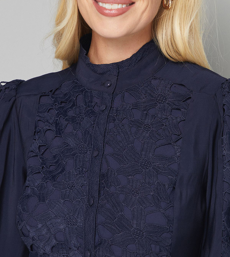 Petite Premium Lace High Neck Shirt Dress