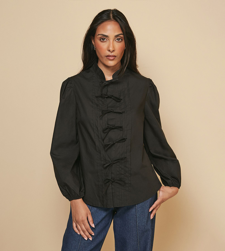 Petite Pintuck Tie Front Top