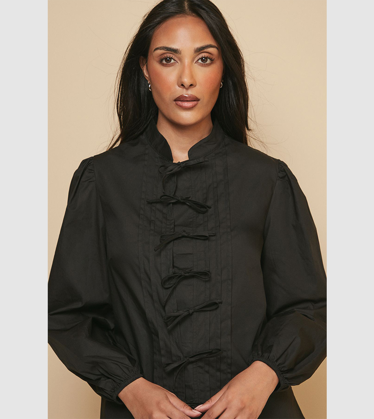 Petite Pintuck Tie Front Top