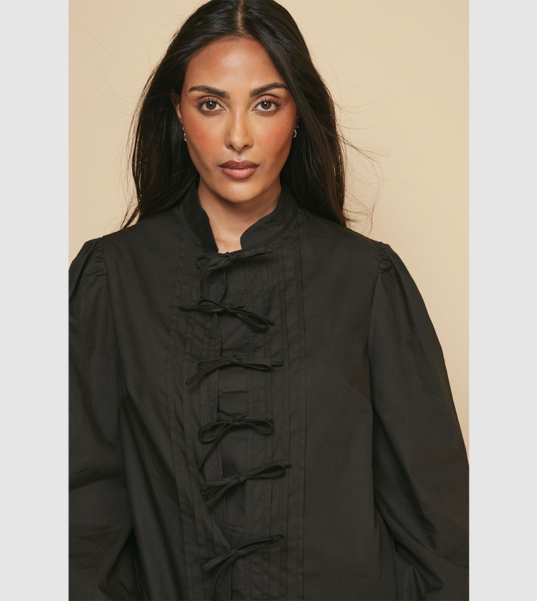 Petite Pintuck Tie Front Top