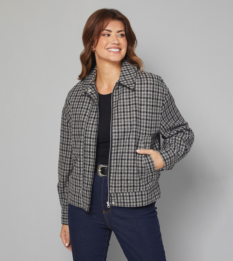Check Zip-Through Bomber Jacket