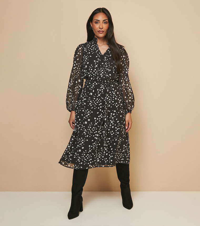 Petite Polka Dots Belted Midi Dress