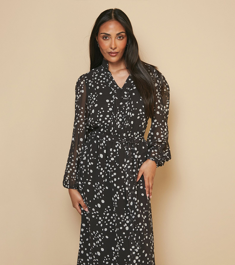 Petite Polka Dots Belted Midi Dress