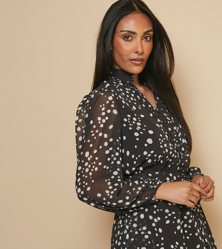 Petite Polka Dots Belted Midi Dress