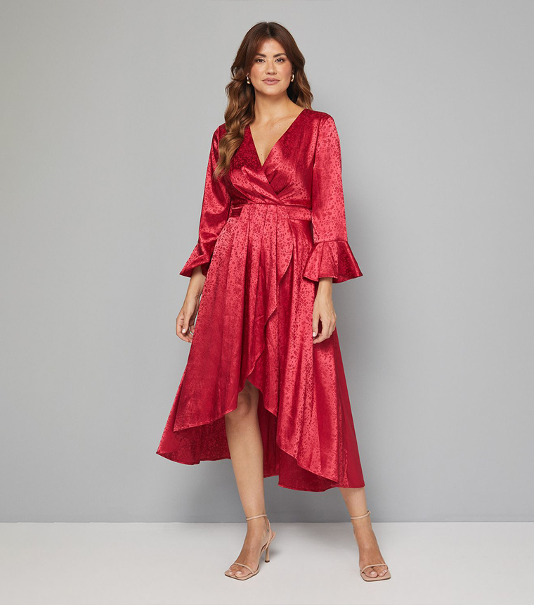 Jacquard Wrap Ruffled Midi Dress