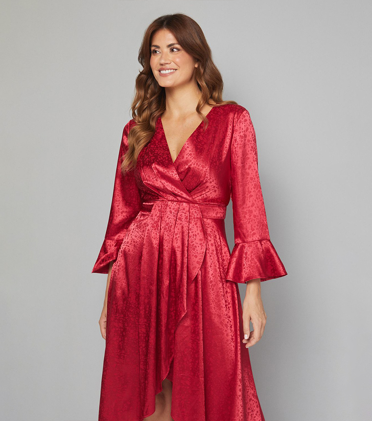 Jacquard Wrap Ruffled Midi Dress