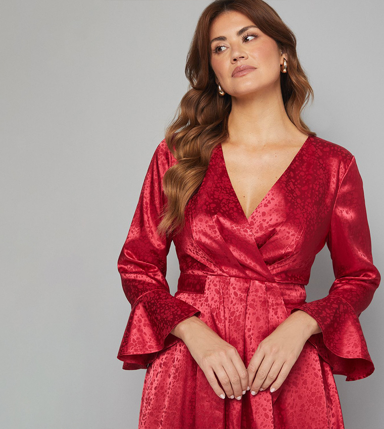 Jacquard Wrap Ruffled Midi Dress