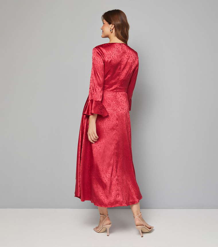Jacquard Wrap Ruffled Midi Dress