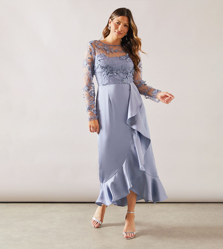 Satin & Mesh Overlay Ruffle Occasion Maxi Dress
