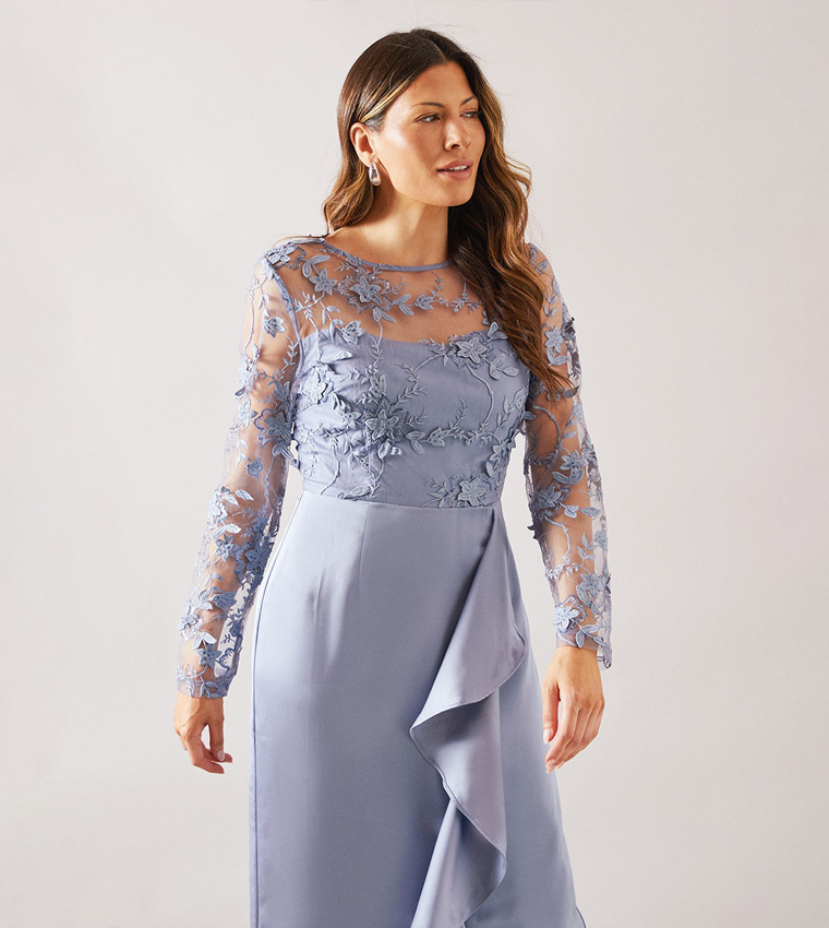 Satin & Mesh Overlay Ruffle Occasion Maxi Dress