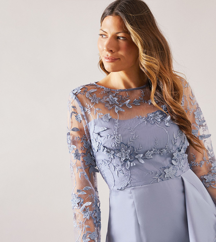 Satin & Mesh Overlay Ruffle Occasion Maxi Dress